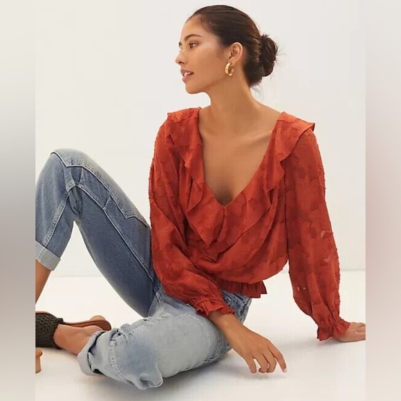 Anthropologie Tops - NWT Anthropologie Textured Floral Ruffle Blouse Top Ruffled Rust Crimson Small